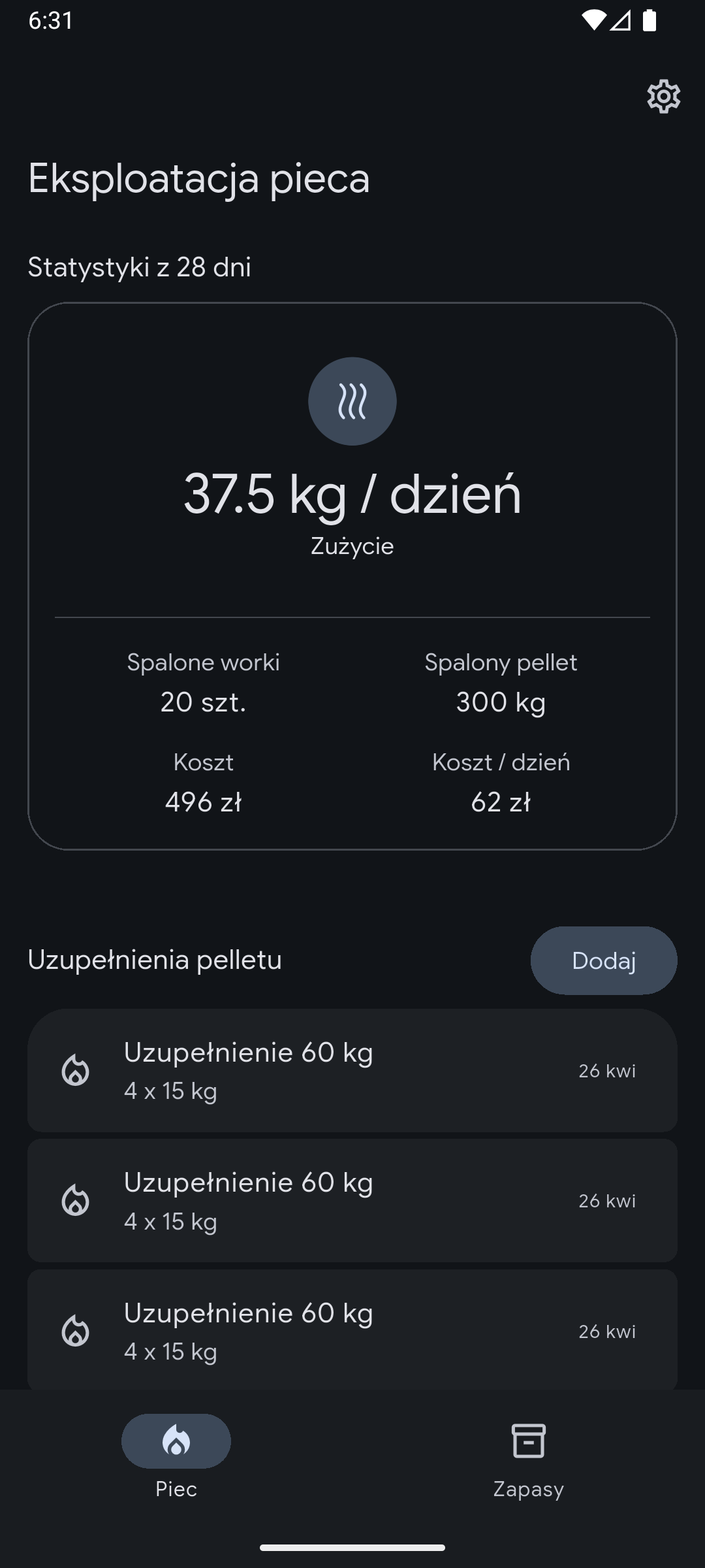 Dashboard aplikacji Mój Pellet w trybie ciemnym