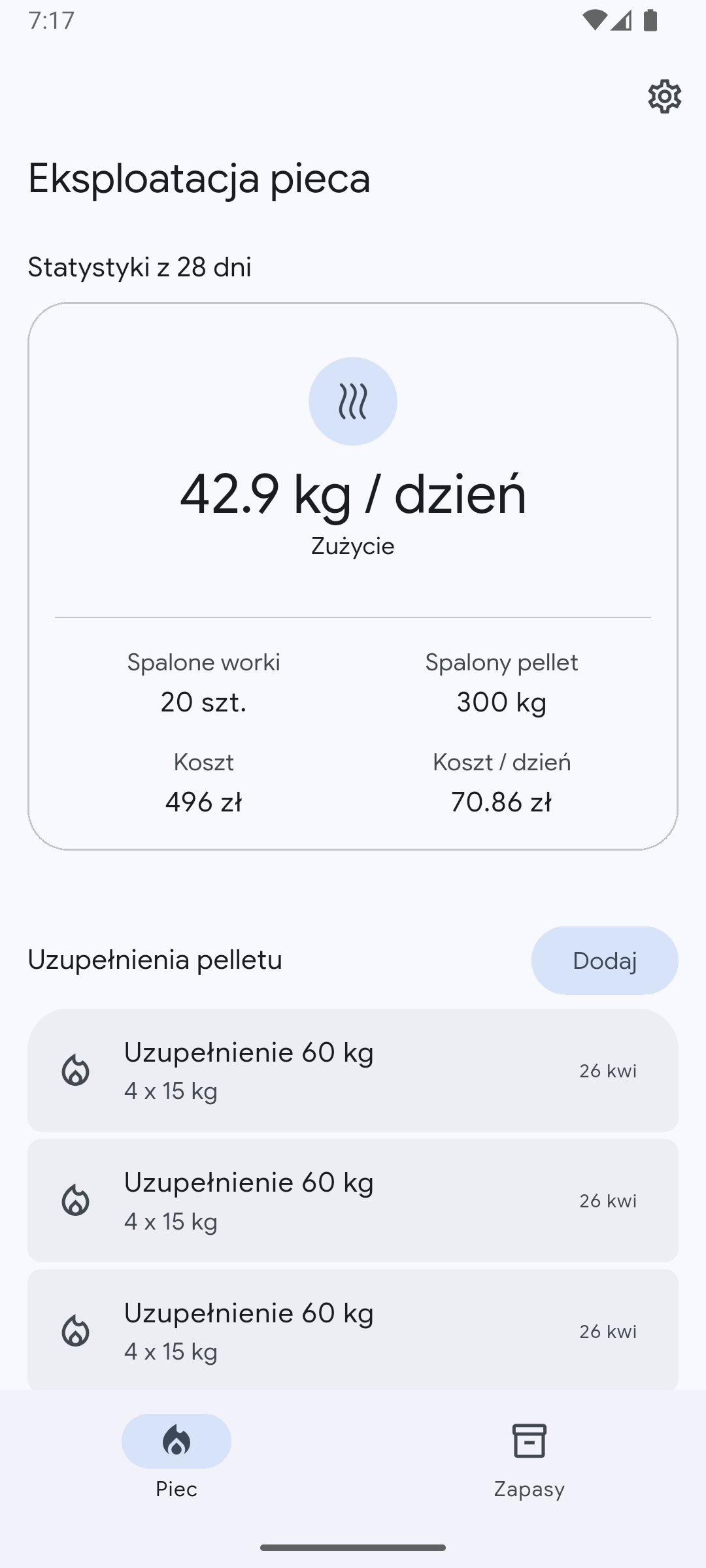 Dashboard aplikacji Mój Pellet