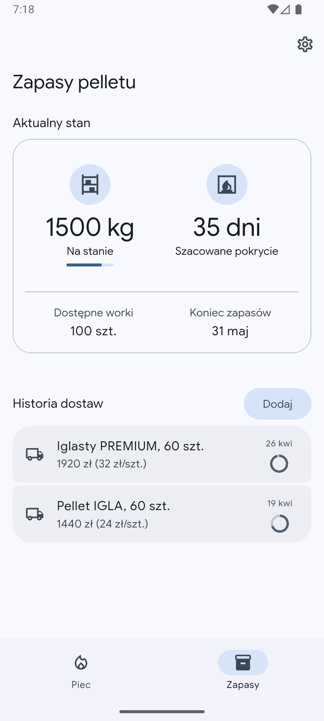 Stan zapasów pelletu w aplikacji